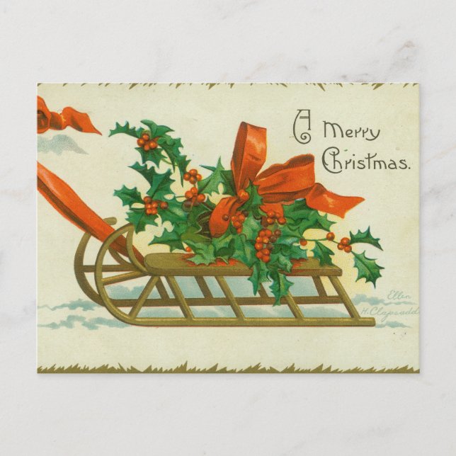 Feliz Navidad - postal vintage, trineo y acebo (Anverso)