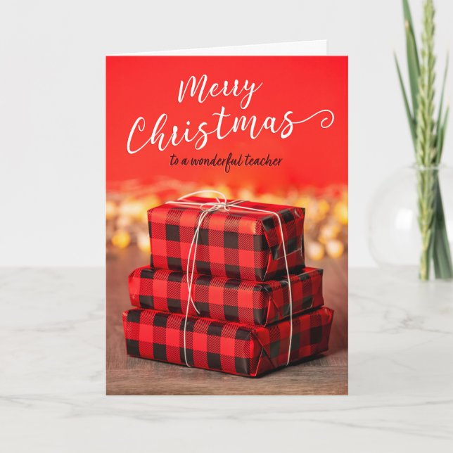 Feliz Navidad Profesor Pila de regalos en rojo  (Anverso)