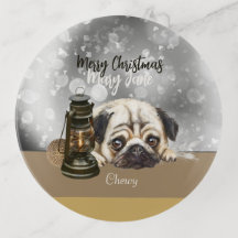 Feliz Navidad Pug amante nombre personalizado gris