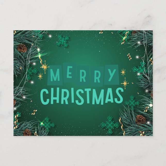 Feliz Navidad Ramas de Pino Verde y Copos de Nieve (Anverso)