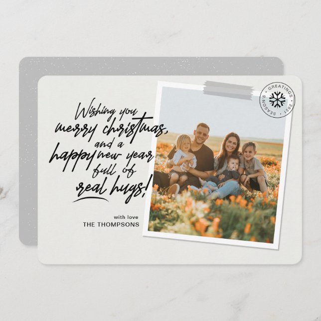 Feliz Navidad Real Abrazos Script Gray Photo (Anverso / Reverso)
