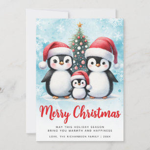Feliz Navidad Red and Blue Cute Penguin Family