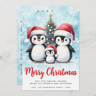 Feliz Navidad Red and Blue Cute Penguin Family