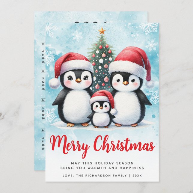 Feliz Navidad Red and Blue Cute Penguin Family (Anverso / Reverso)