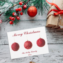 Feliz Navidad Red Baubles tarjeta plana con texto