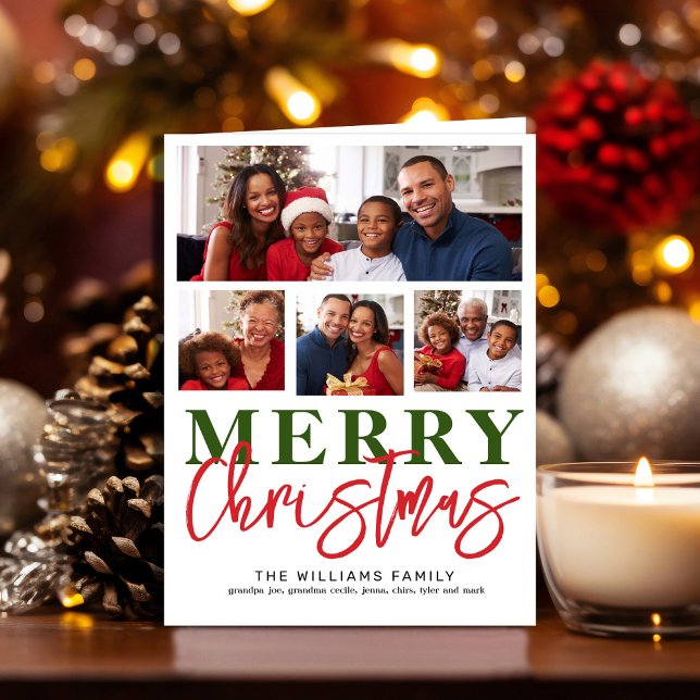 Feliz navidad Red Green Script 4 Fotografía famili (Family Photo Collage folded Christmas card)