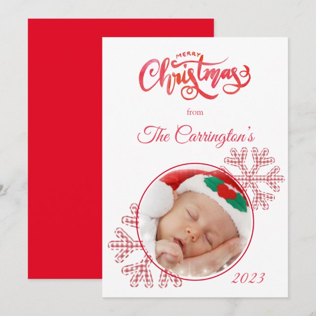 Feliz Navidad Red Plaid Snowflakes Photo Holiday (Anverso / Reverso)