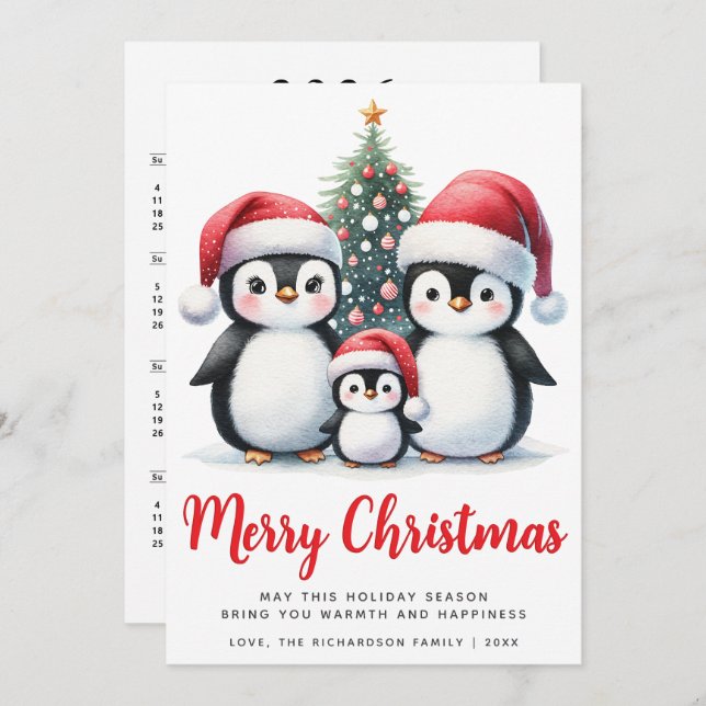 Feliz Navidad Red y White Cute Penguin Family (Anverso / Reverso)