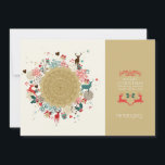 Feliz Navidad Retro Feliz Año Nuevo<br><div class="desc">El fondo es de color beige claro y el diseño de los navidades retro es colorido. Círculo beige con coloridos símbolos navidades,  flores,  corazones a la mitad. Feliz navidad con ciervo rojo en blanco y nombre familiar de Personalizable de tam.</div>