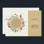 Feliz Navidad Retro Feliz Año Nuevo<br><div class="desc">El fondo es de color beige claro y el diseño de los navidades retro es colorido. Círculo beige con coloridos símbolos navidades,  flores,  corazones a la mitad. Feliz navidad con ciervo rojo en blanco y nombre familiar de Personalizable de tam.</div>