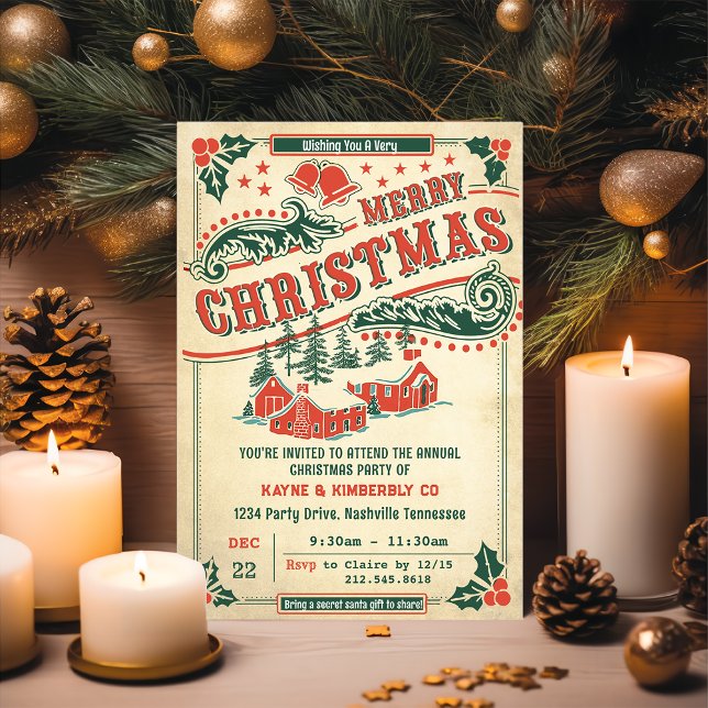 Feliz Navidad Retro Vintage Rústica Invitación (Subido por el creador)