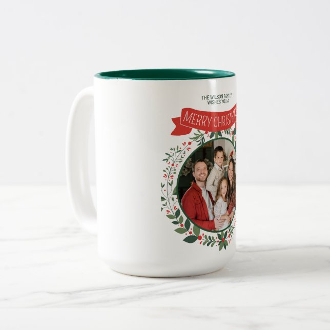 Feliz Navidad Roja y Verde con feliz taza familiar (Anverso izquierdo)