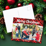Feliz Navidad Rojo Placa Tartán 3 Foto<br><div class="desc">Un clásico tartán de manta roja detrás de tu collage de fotos de familia vertical de 3 vacaciones para una postal festiva y tradicional navideña. Postales simples y hermosas de Navidades.</div>