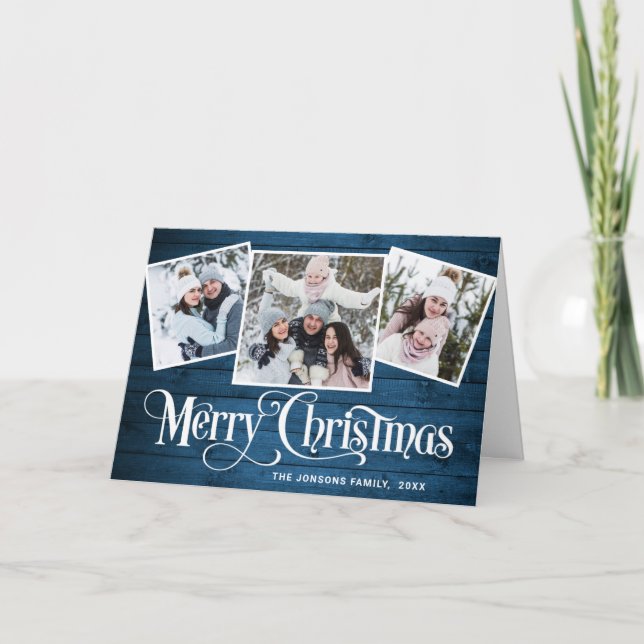Feliz Navidad Rustic Blue Wood 4 Fotos Saludo (Anverso)