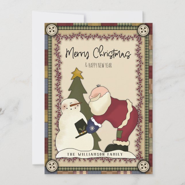 Feliz Navidad Rustic Country Santa y Snowman (Anverso)