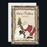 Feliz Navidad Rustic Country Santa y Snowman<br><div class="desc">Feliz Navidad Rustic Country Santa y Snowman - El primitivo y rústico país de Santa todo vestido con sus Navidades mejor está entregando su sombrero top a su amigo Frosty. Santa y Snowman están parados al lado de un árbol de Navidad. La carta está enmarcada con bayas rojas y gingham....</div>