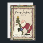 Feliz Navidad Rustic Country Santa y Snowman<br><div class="desc">Feliz Navidad Rustic Country Santa y Snowman - El primitivo y rústico país de Santa todo vestido con sus Navidades mejor está entregando su sombrero top a su amigo Frosty. Santa y Snowman están parados al lado de un árbol de Navidad. La carta está enmarcada con bayas rojas y gingham....</div>