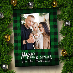 Feliz Navidad Rustic Green Buffalo Plaid Photo