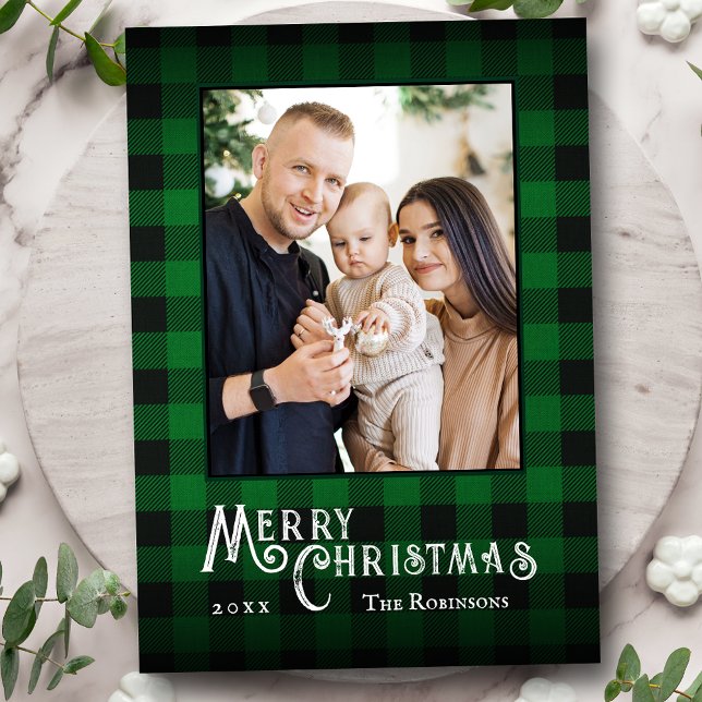 Feliz Navidad Rustic Green Buffalo Plaid Photo (Available in high quality print or digital download for quick text messaging, email or self print.)