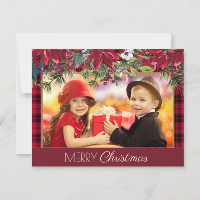 Feliz Navidad Rustic Plaid Red Poinsettias Foto (Anverso)