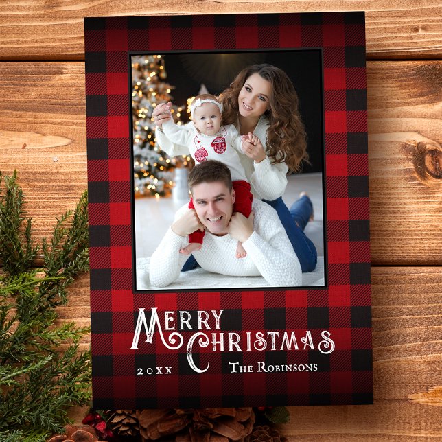 Feliz Navidad Rustic Red Buffalo Plaid Photo (Available in high quality print or digital download for quick text messaging, email or self print.)