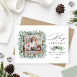 Feliz Navidad Rustic Winter Green Photo<br><div class="desc">El elegante diseño de la tarjeta fotográfica navideña "Feliz Navidad" presenta una rústica corona de moda de color de agua invernal enmarcada en la imagen de la familia y acentúa la moderna redacción gris del carbón vegetal. Personaliza con tu apellido, nombres de familiares y el año. Incluye una foto adicional...</div>