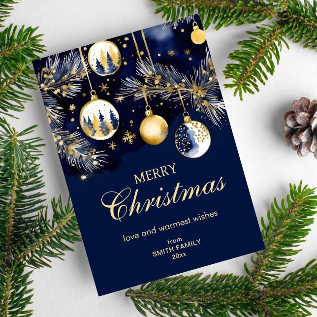 Feliz Navidad saludos oro azul marino baubles (Merry Christmas classical holiday greeting card template instant download navy blue gold baubles )