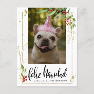 Feliz Navidad Script Photo Gold Berry Holly