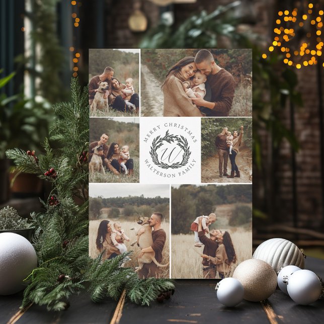 Feliz Navidad Seis Fotografías Garland Wreath Mono (Merry Christmas Six Photo Garland Wreath Monogram Holiday Card)