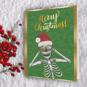 Feliz Navidad Skeleton Santa Hat Gold
