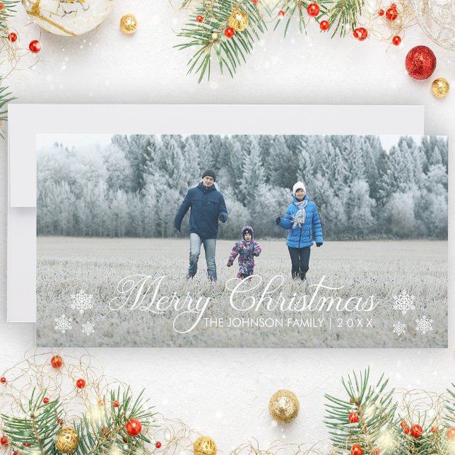 Feliz Navidad Snowflakes | Tarjeta fotográfica de  (Stylishly Personalize with Your Custom Photo, Name & Year.)