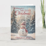 Feliz Navidad Snowman<br><div class="desc">Una hermosa tarjeta de Navidades de snowman de la temporada navideña que incluye una escena de nieve de invierno con un muñeco de nieve sonriente usando un gorra de calor y una bufanda rodeadas de abetos cubiertos de nieve Todo el texto puede ser personalizado , luego personalizado con el nombre...</div>