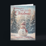 Feliz Navidad Snowman Business Family Name<br><div class="desc">Una hermosa tarjeta de Navidades de snowman de la temporada navideña incluye una escena de nieve de invierno con un muñeco de nieve sonriente usando un gorra de calor y una bufanda rodeadas de abetos cubiertos de nieve. Todo el texto puede ser personalizado - ¿tal vez prefieres felices vacaciones o...</div>