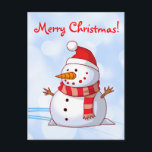 Feliz Navidad Snowman con mensaje.<br><div class="desc">Un lindo Navidad snowman que es como regordete y alegre usando una bufanda a rayas y un gorra de navidades rojos. Festividad y diversión. Feliz mensaje navideño en la parte trasera dice: Deseándote paz y alegría esta temporada navideña y toda felicidad a lo largo del Año Nuevo. Personalízalo con tu...</div>