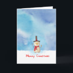 Feliz Navidad Snowman ondeando Y Sonriendo<br><div class="desc">Tarjeta de saludo de vacaciones con un lindo ilustracion de muñeco de nieve. Lleva puesto un gorra negro de estocador, sujeta una clásica tubería de mazorca de maíz, y lleva una bufanda roja. Parado en la fría nieve blanca sonriendo y saludando. El fondo está compuesto por un cielo acuarela con...</div>