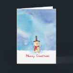 Feliz Navidad Snowman ondeando Y Sonriendo<br><div class="desc">Tarjeta de saludo de vacaciones con un lindo ilustracion de muñeco de nieve. Lleva puesto un gorra negro de estocador, sujeta una clásica tubería de mazorca de maíz, y lleva una bufanda roja. Parado en la fría nieve blanca sonriendo y saludando. El fondo está compuesto por un cielo acuarela con...</div>