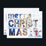 Feliz Navidad Snowman Snowflake Winter<br><div class="desc">Es mejor recordarse unos a otros acerca de Jesús y el regalo de salvaciones de estos Navidades. Feliz Navidad Snowman Snowflake Winter Holiday Postcard retrata a un lindo muñeco de nieve de color agua con copos de nieve y Feliz Navidad con foto que puedes reemplazar con la tuya propia. Presenta...</div>