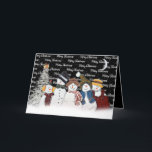 Feliz Navidad Snowmen En Copos De Nieve<br><div class="desc">Hombres de nieve con copos de nieve con el texto "Feliz Navidad" en negro con copos de nieve,  luna creciente y un pino blanco. Se puede cambiar el color de fondo.</div>