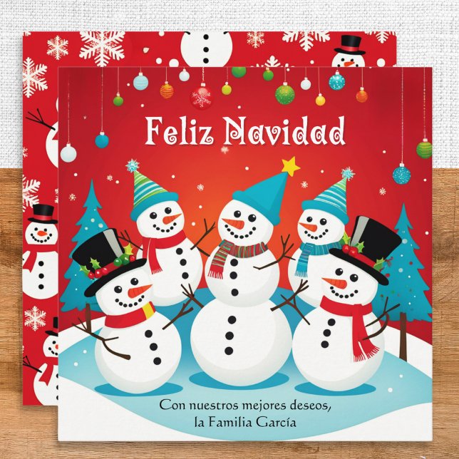 Feliz Navidad Snowmen Navidades rojos personalizad (A Christmas card with snowmen picture, Spanish greeting 'Feliz Navidad' and your own custom message)