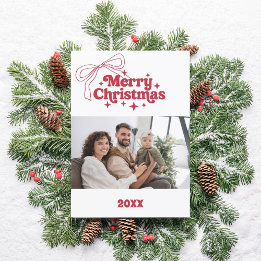 Feliz Navidad tarjeta de foto retro con arco rojo