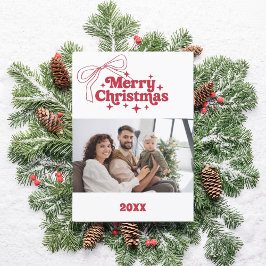 Feliz Navidad tarjeta de foto retro con arco rojo