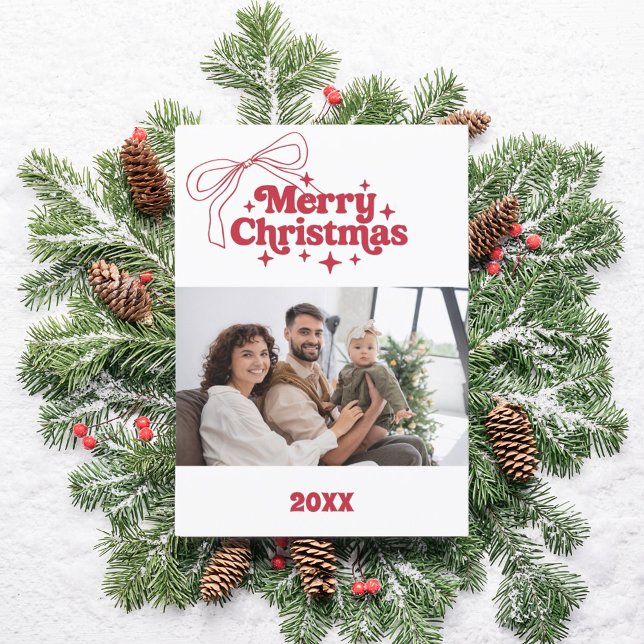 Feliz Navidad tarjeta de foto retro con arco rojo (Subido por el creador)