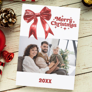 Feliz Navidad tarjeta de foto retro con arco rojo