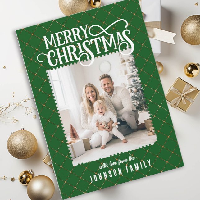 Feliz Navidad! Tarjeta fotográfica verde de patrón (Merry Christmas! Elegant Pattern Green Photo Card)