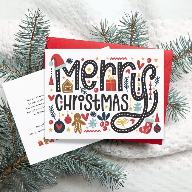 Feliz Navidad | Tarjeta postal de saludos de vacac (Beautiful Merry Christmas Lettering with many decorations)