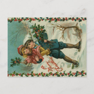 Feliz Navidad - tarjeta postal retro, niños, acebo