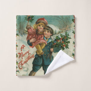 Feliz Navidad - tarjeta postal retro, niños, acebo