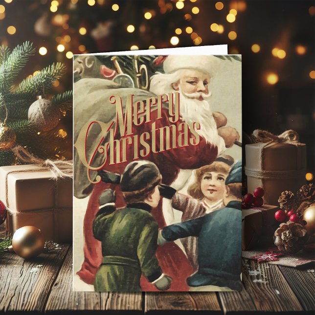 Feliz Navidad Tarjeta Retro Santa Xmas (Vintage Christmas cards gold foil Christmas card with retro Santa Claus)