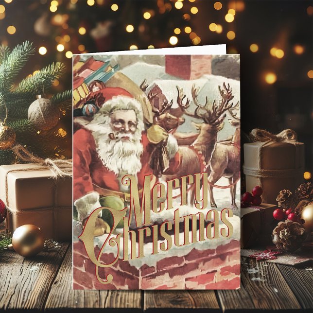 Feliz Navidad Tarjeta Retro Santa Xmas (Vintage Christmas cards gold foil Christmas card with retro Santa Claus)