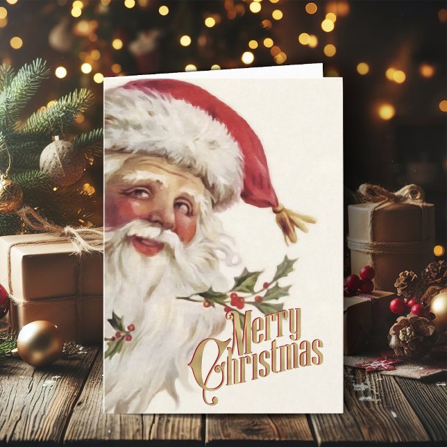 Feliz Navidad Tarjeta Retro Santa Xmas (Vintage Christmas cards gold foil Christmas card with retro Santa Claus)
